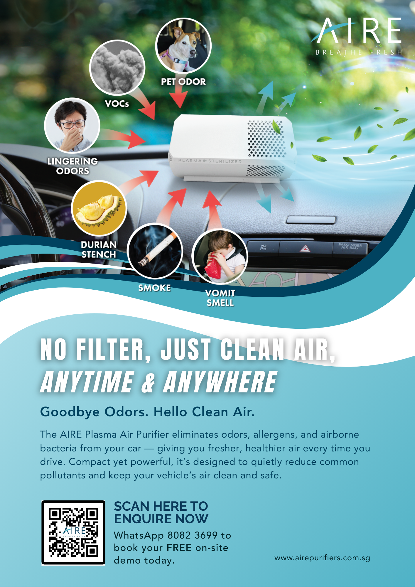 AIRE Plasma car air purifier mounted in a vehicle dashboard