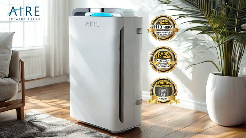 AIRE Classic 400S air purifier, white tower unit with digital display