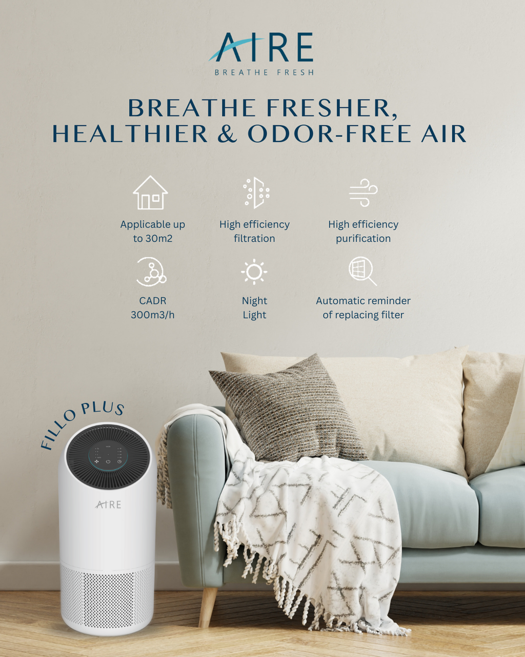 AIRE Fillo Plus smart air purifier, compact white unit for bedrooms