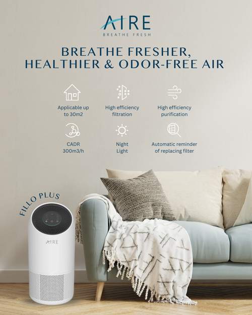 AIRE Fillo Plus smart air purifier, compact white unit for bedrooms